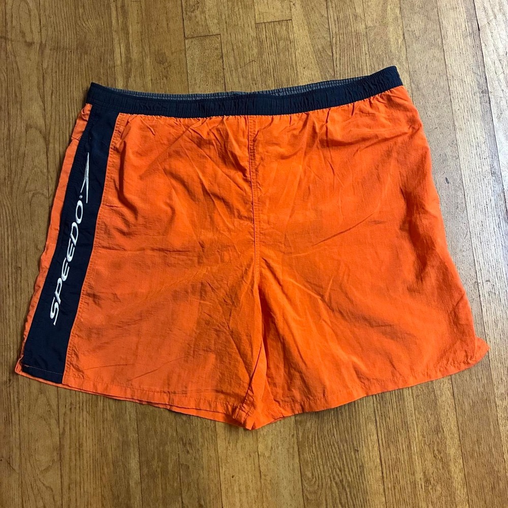 Speedo Vintage Orange Navy Colorblock Swim Trunks Mens Large Mesh Lined Shorts